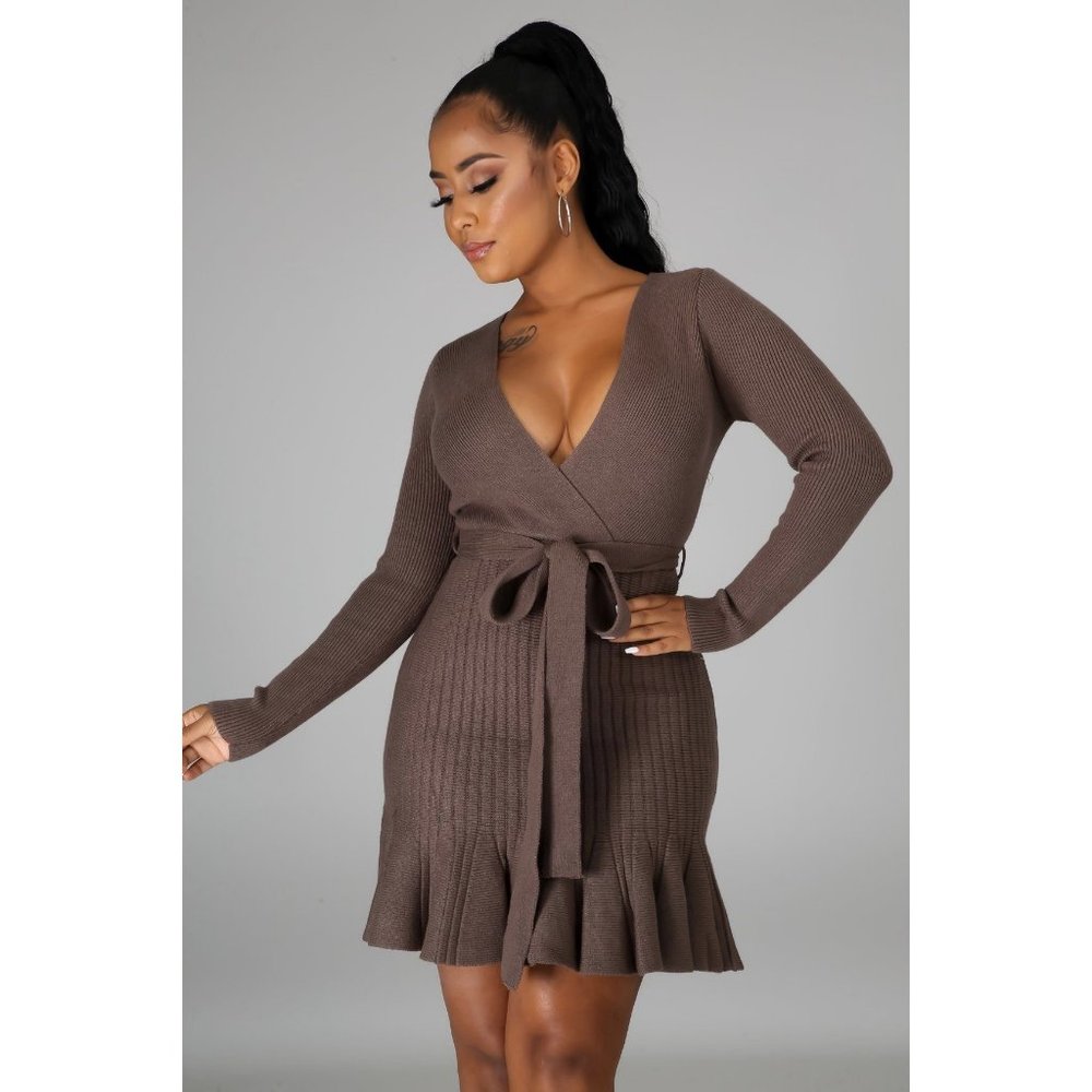 Mocha Long Sleeve Tie Waist Mini Dress #1727 - Picture 3 of 5